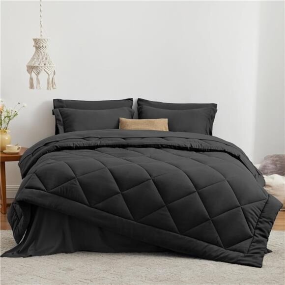 Full Comforter Set Black,7 Pieces Full Bed in a Bag, All Season Full Bedding Set - Picture 2 of 7